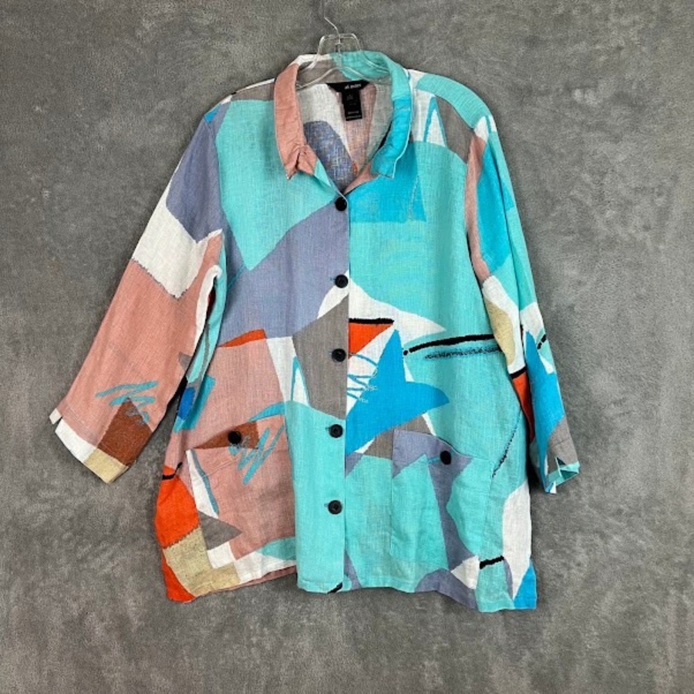 Ali Miles 100% Linen Jacket Womens L Painter Artsy Geometric Maximalist Boho